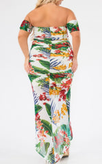 Plus Tropical Off Shoulder Draped Slv Maxi Dress | Mixtshop LLC