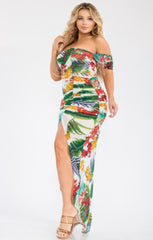 Plus Tropical Off Shoulder Draped Slv Maxi Dress | Mixtshop LLC