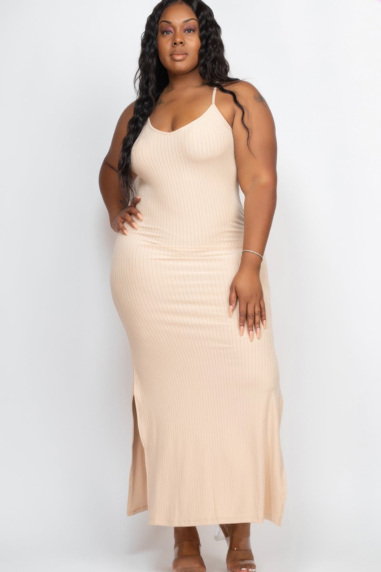 Plus Size Ribbed Side Slit Long Cami Maxi Dress | Mixtshop LLC