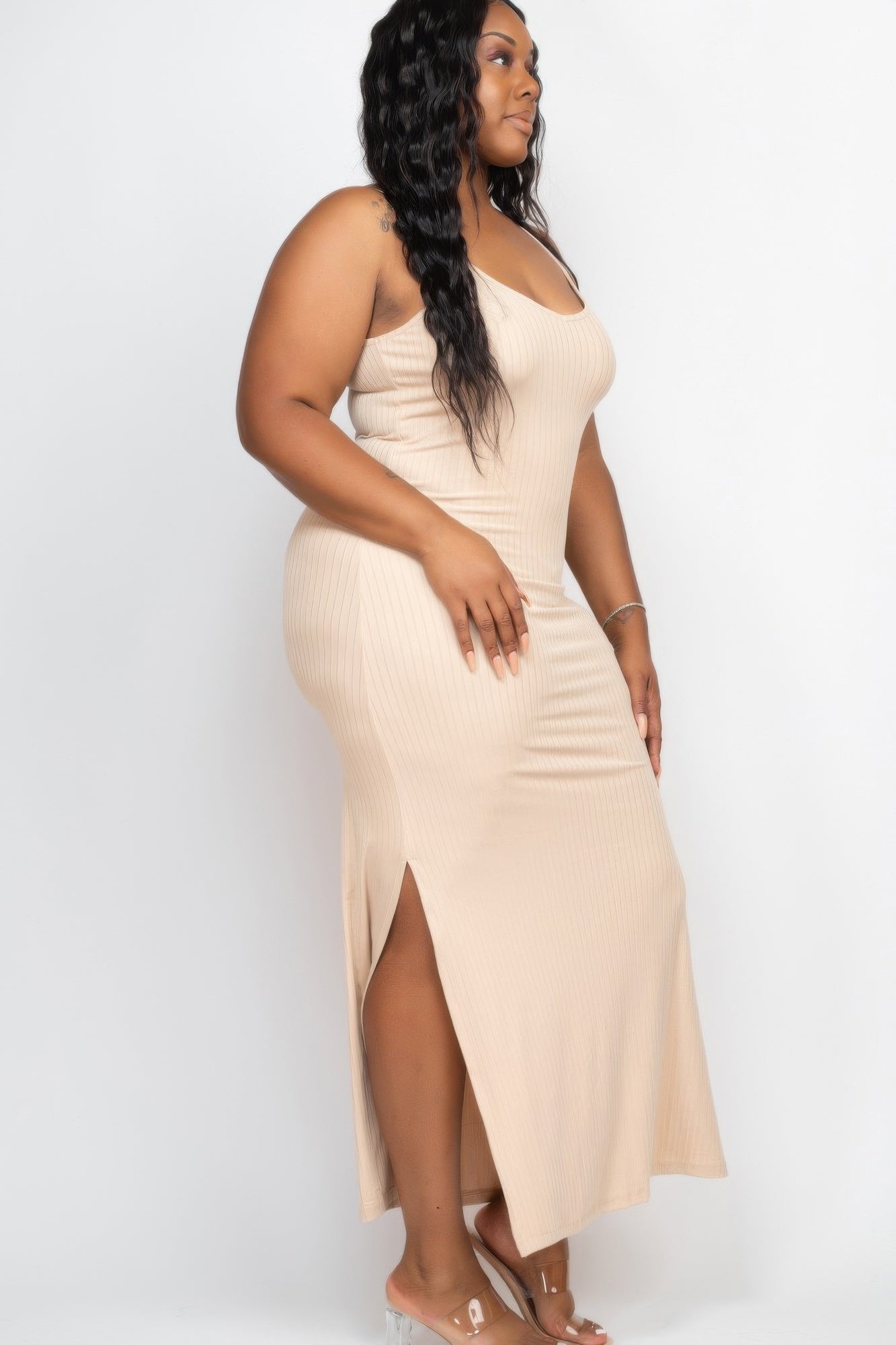 Plus Size Ribbed Side Slit Long Cami Maxi Dress | Mixtshop LLC