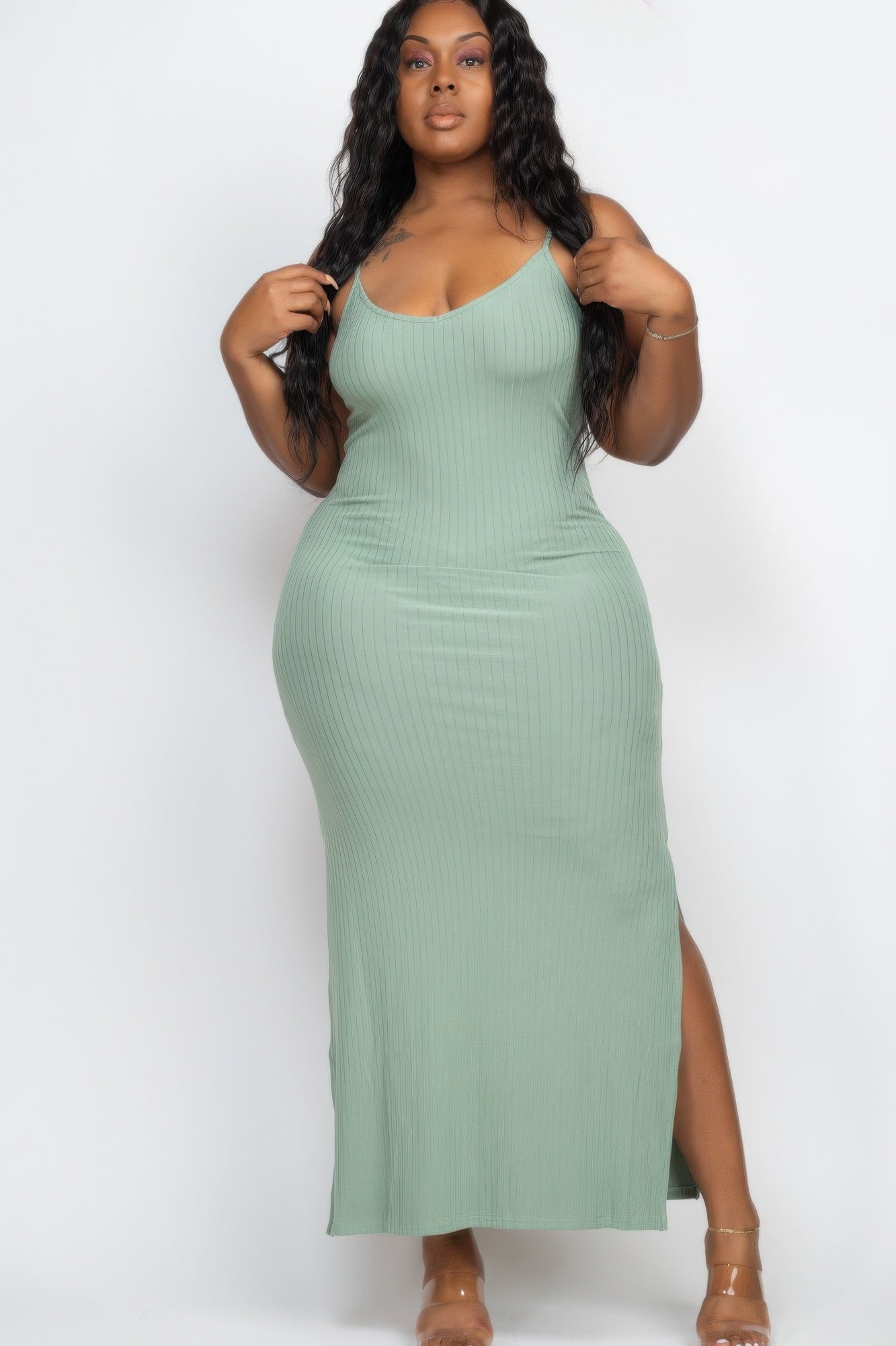 Plus Size Ribbed Side Slit Long Cami Maxi Dress | Mixtshop LLC
