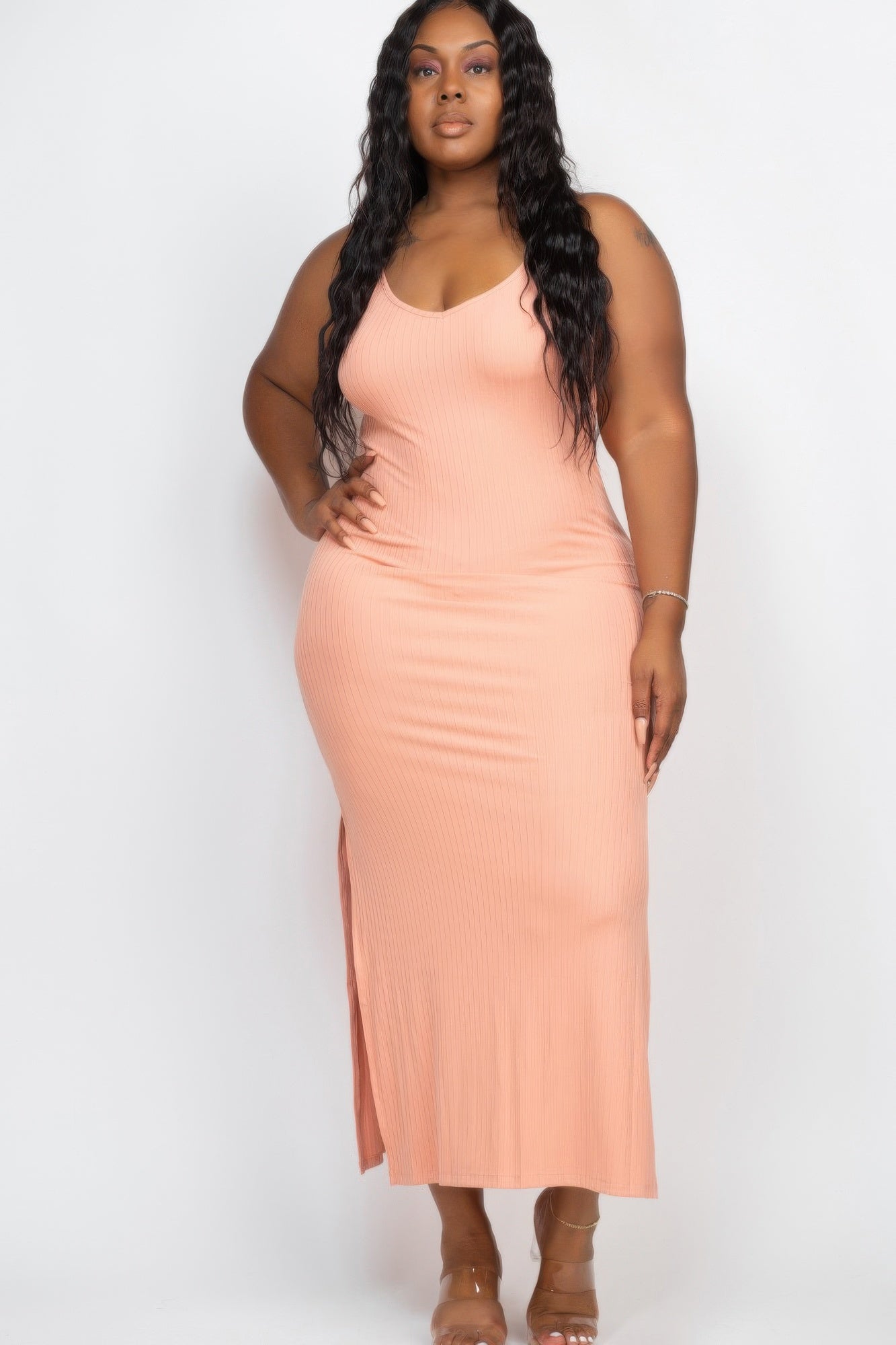 Plus Size Ribbed Side Slit Long Cami Maxi Dress | Mixtshop LLC