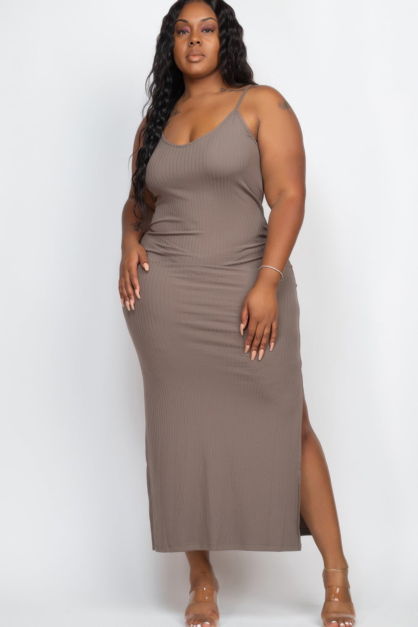 Plus Size Ribbed Side Slit Long Cami Maxi Dress | Mixtshop LLC