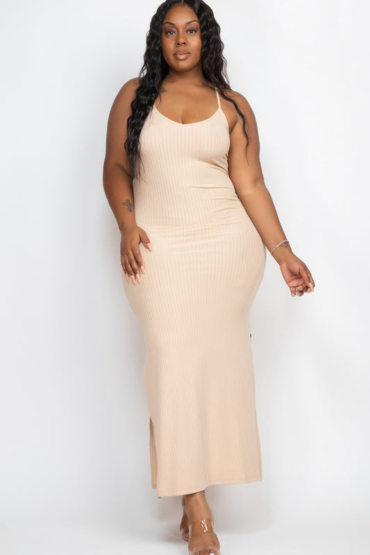 Plus Size Ribbed Side Slit Long Cami Maxi Dress | Mixtshop LLC