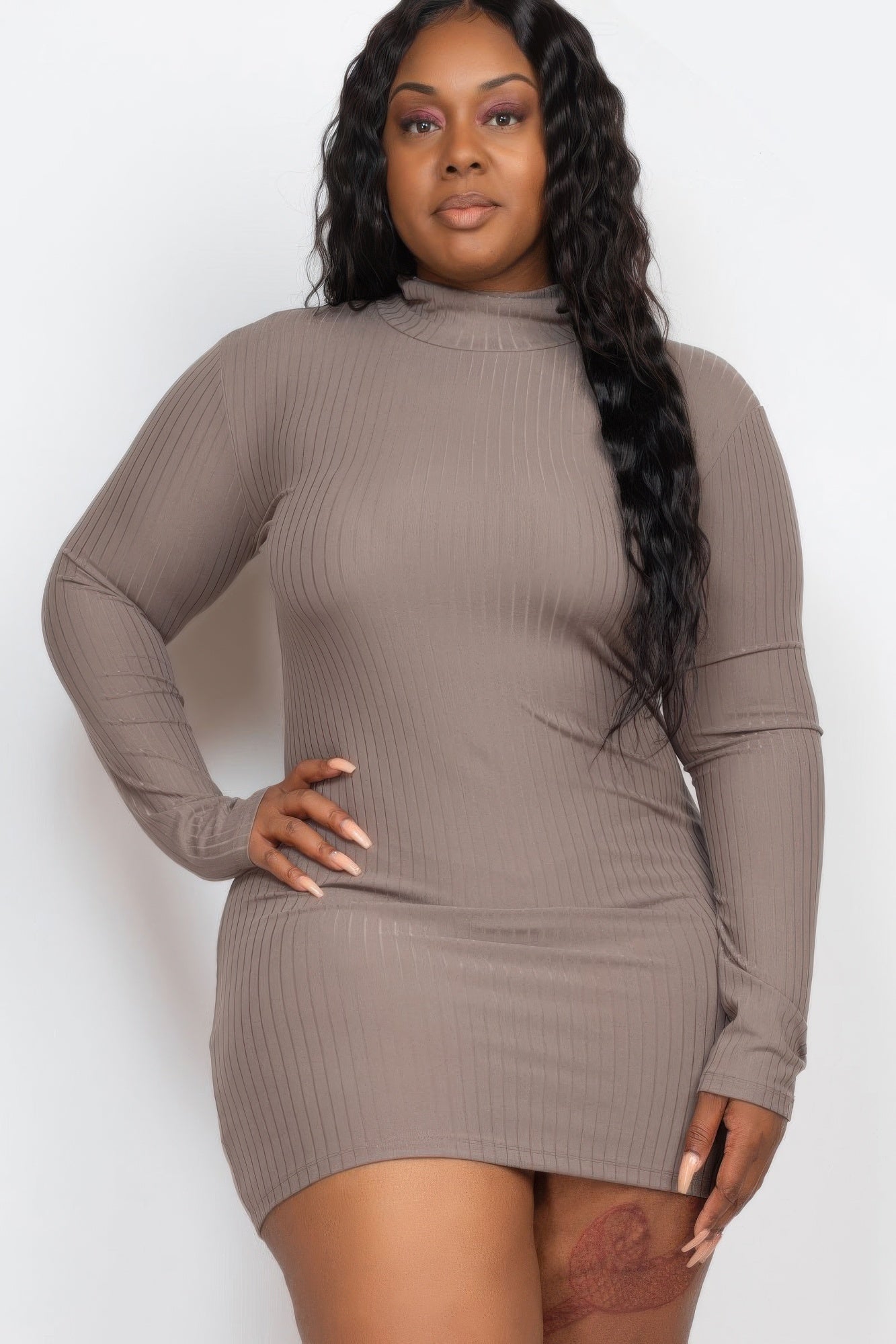 Plus Size Ribbed Long Sleeve Mock Neck Mini Bodycon Dress | Mixtshop LLC
