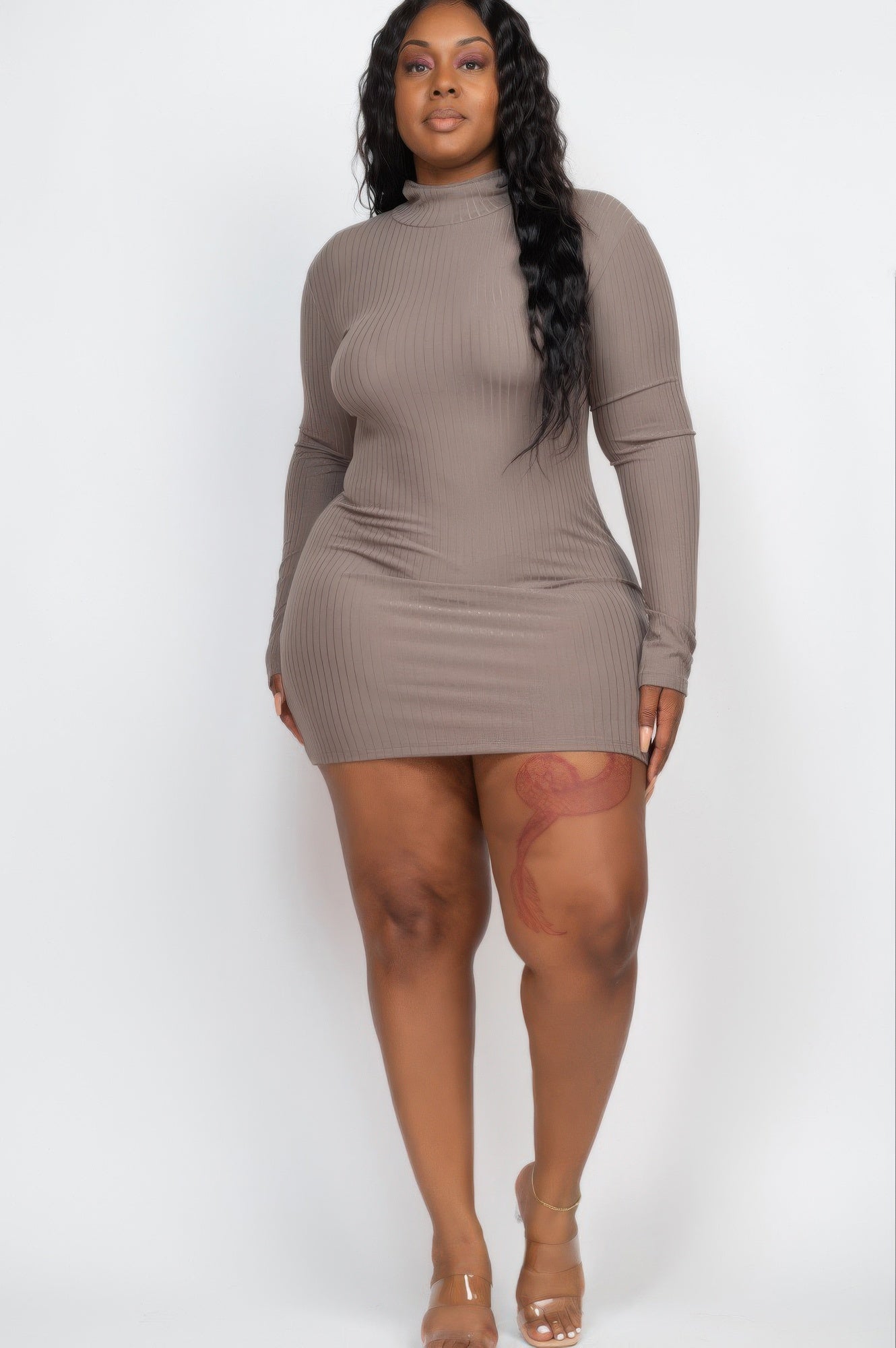 Plus Size Ribbed Long Sleeve Mock Neck Mini Bodycon Dress | Mixtshop LLC