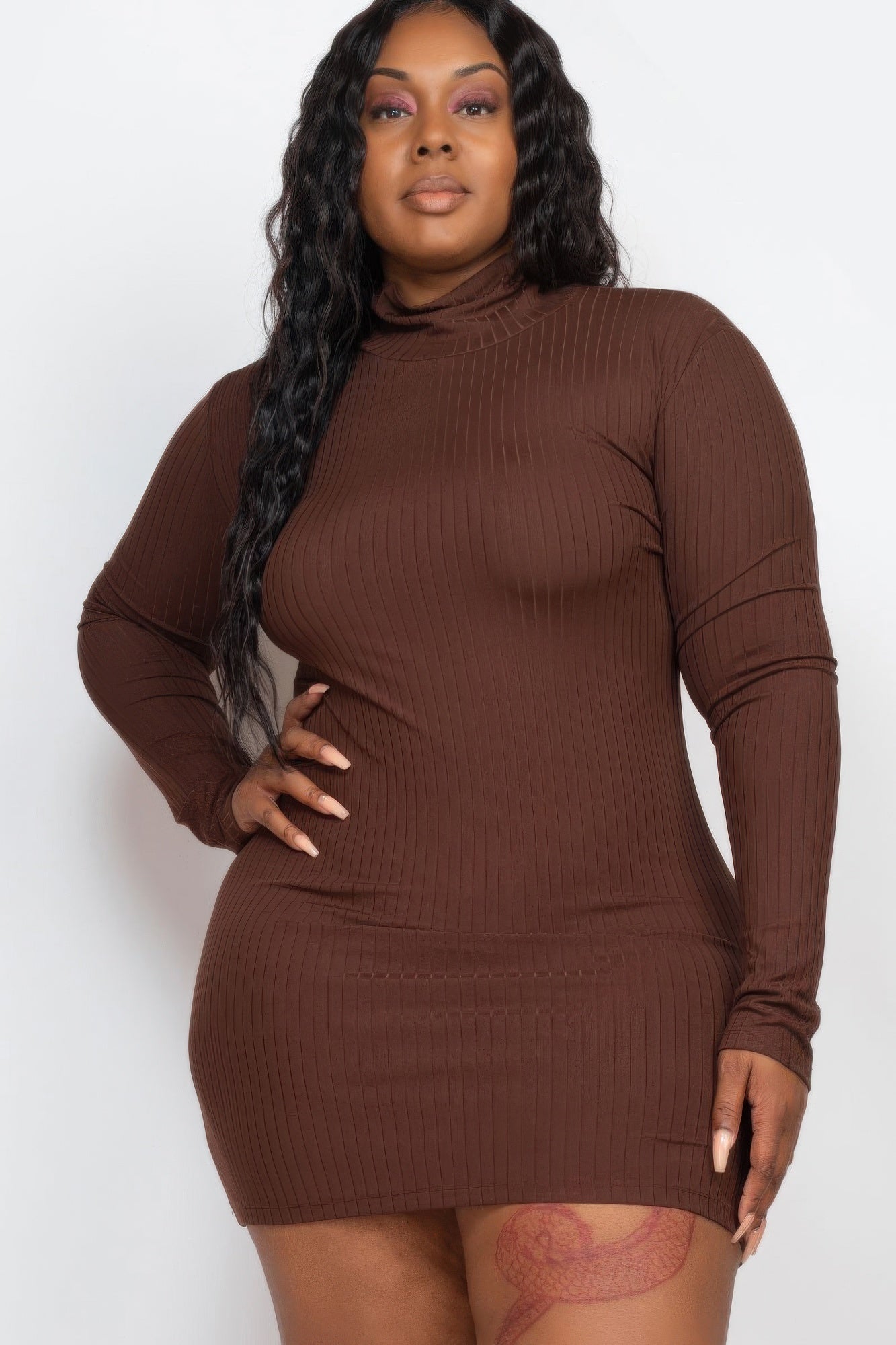 Plus Size Ribbed Long Sleeve Mock Neck Mini Bodycon Dress | Mixtshop LLC