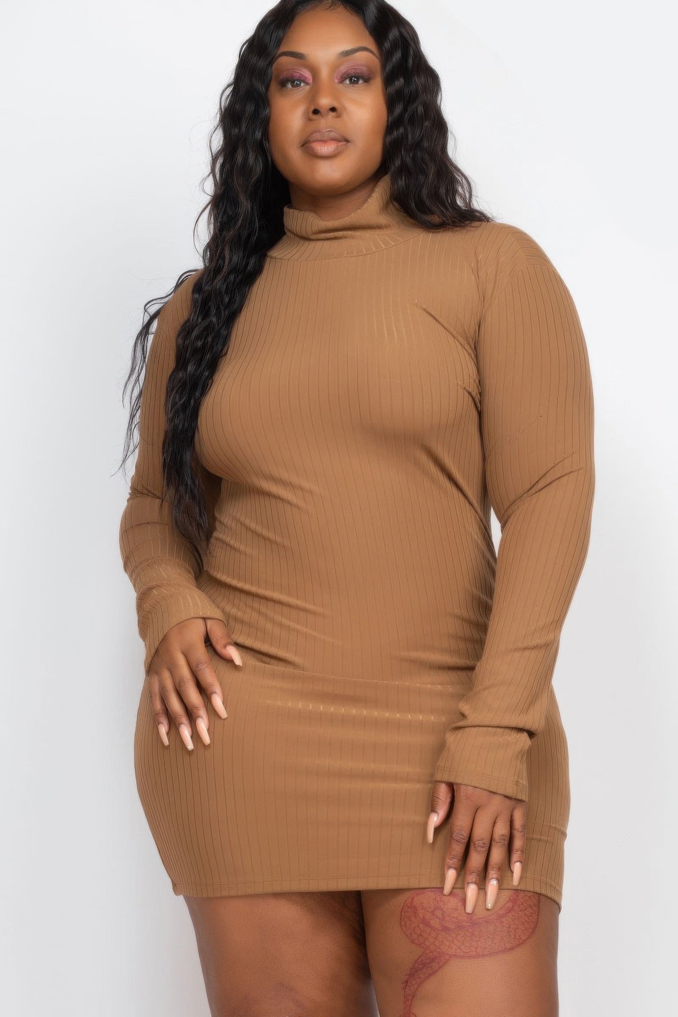 Plus Size Ribbed Long Sleeve Mock Neck Mini Bodycon Dress | Mixtshop LLC