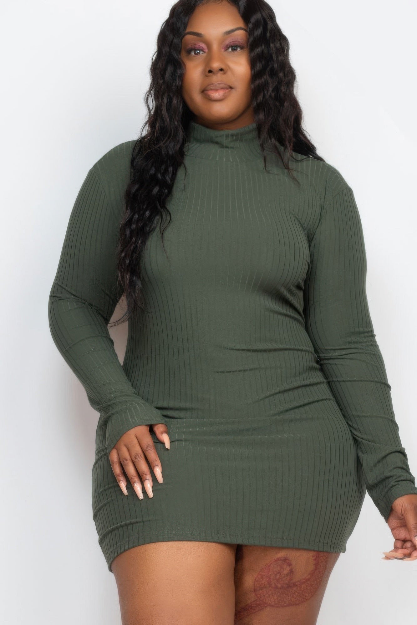 Plus Size Ribbed Long Sleeve Mock Neck Mini Bodycon Dress | Mixtshop LLC