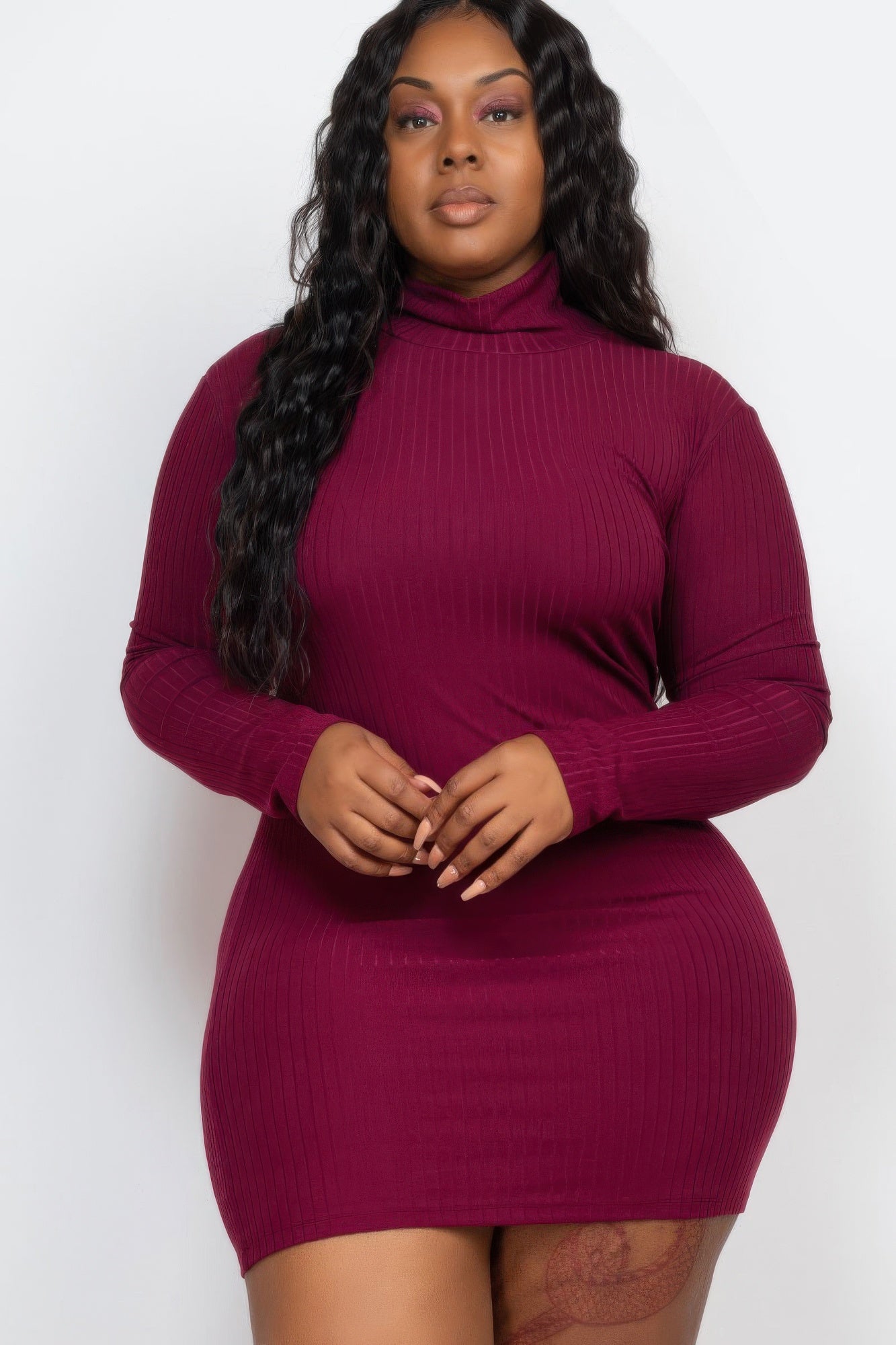 Plus Size Ribbed Long Sleeve Mock Neck Mini Bodycon Dress | Mixtshop LLC