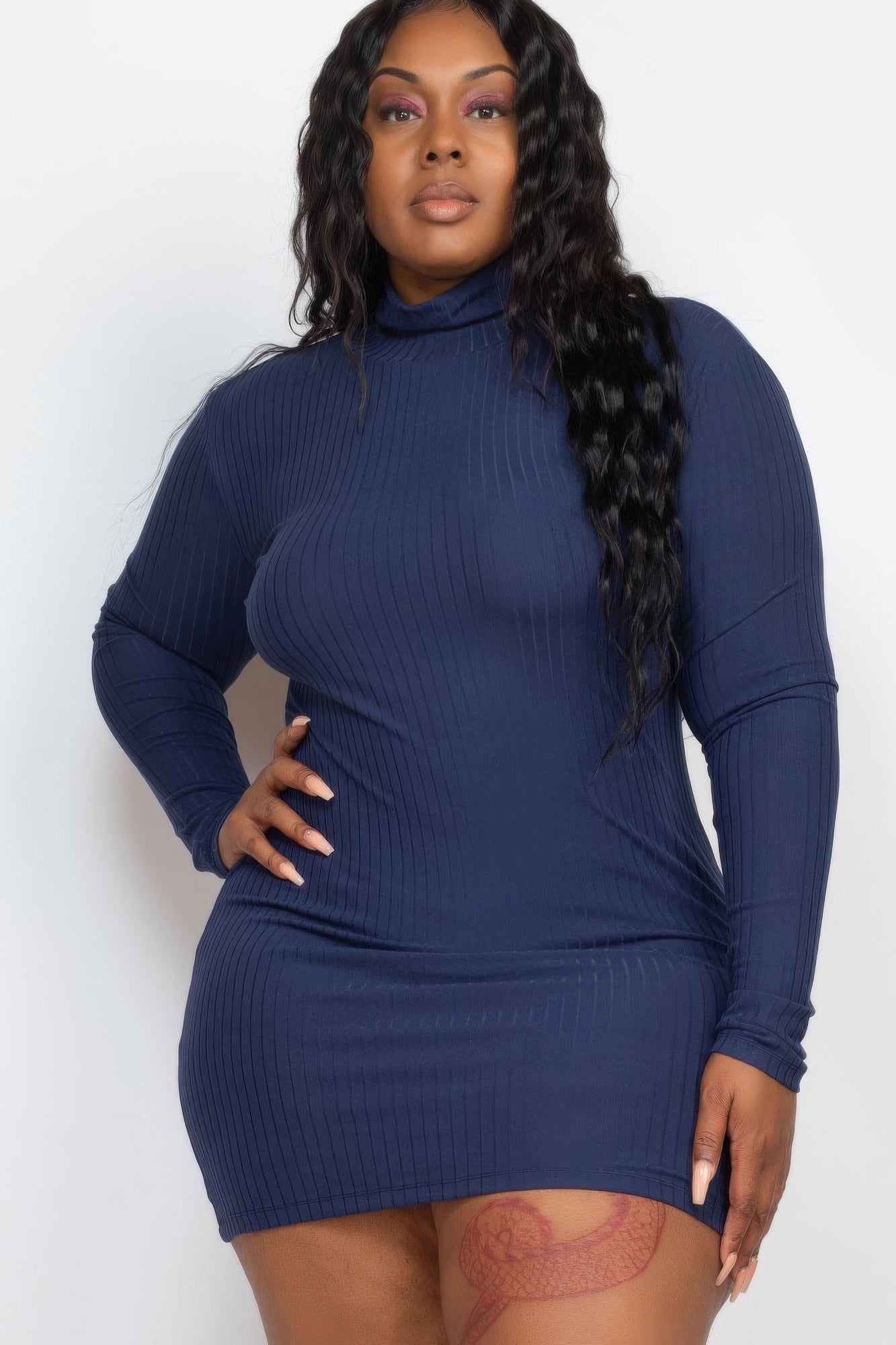 Plus Size Ribbed Long Sleeve Mock Neck Mini Bodycon Dress | Mixtshop LLC