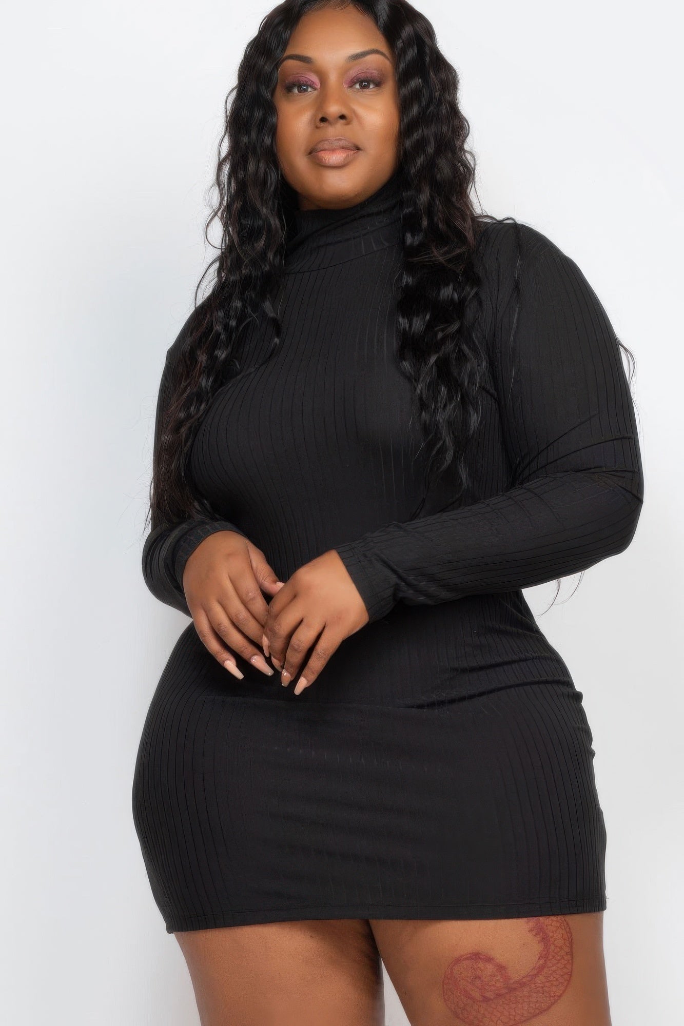 Plus Size Ribbed Long Sleeve Mock Neck Mini Bodycon Dress | Mixtshop LLC