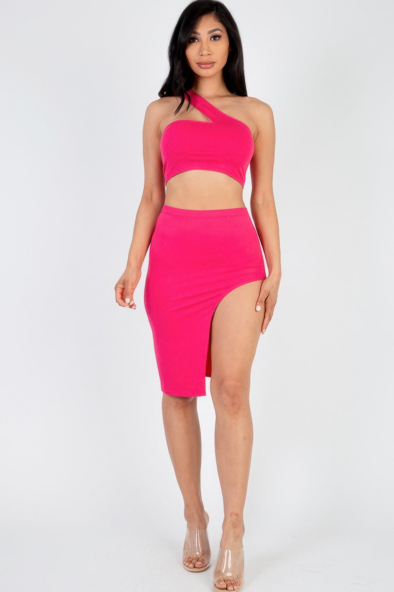 Sexy Solid One Shoulder Crop Top & Split Thigh Midi Skirt Set | Mixtshop LLC