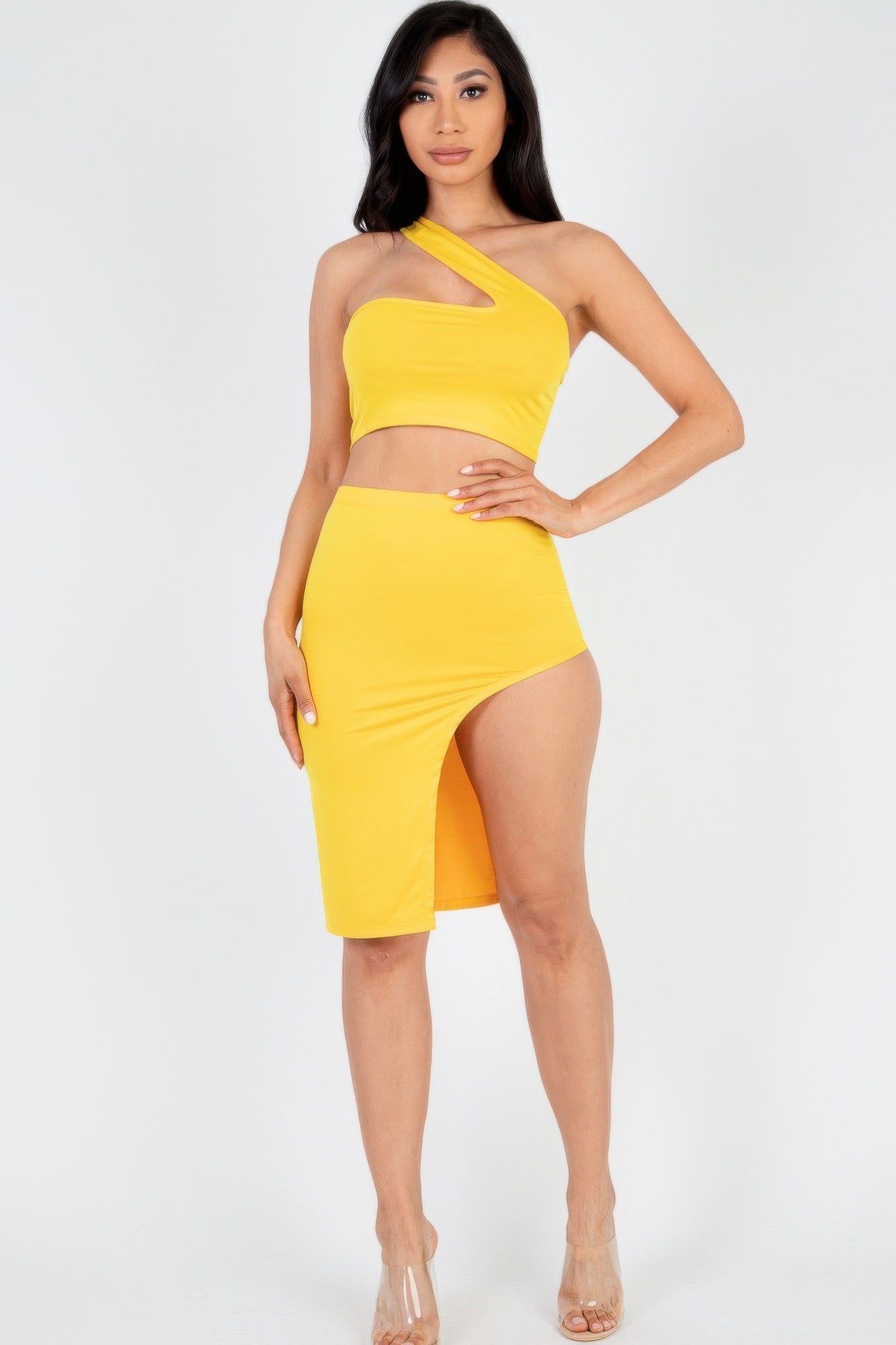 Sexy Solid One Shoulder Crop Top & Split Thigh Midi Skirt Set | Mixtshop LLC