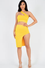 Sexy Solid One Shoulder Crop Top & Split Thigh Midi Skirt Set | Mixtshop LLC