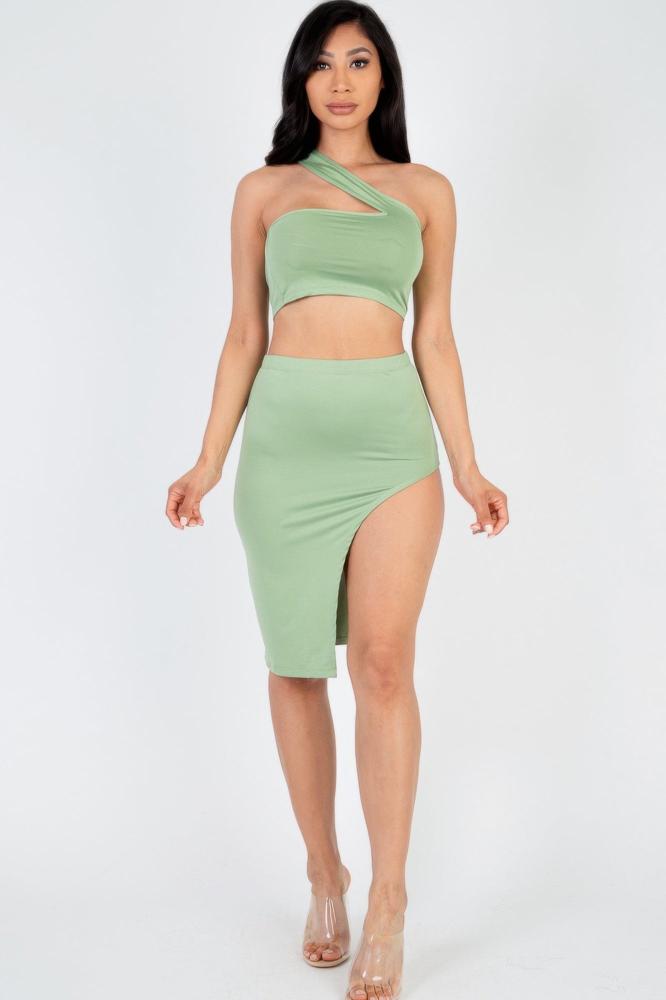 Sexy Solid One Shoulder Crop Top & Split Thigh Midi Skirt Set | Mixtshop LLC