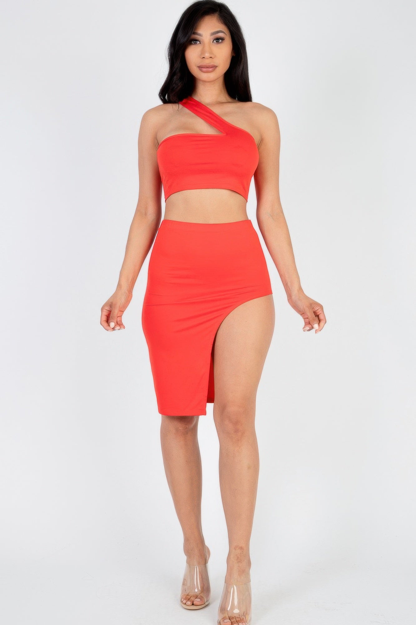 Sexy Solid One Shoulder Crop Top & Split Thigh Midi Skirt Set | Mixtshop LLC