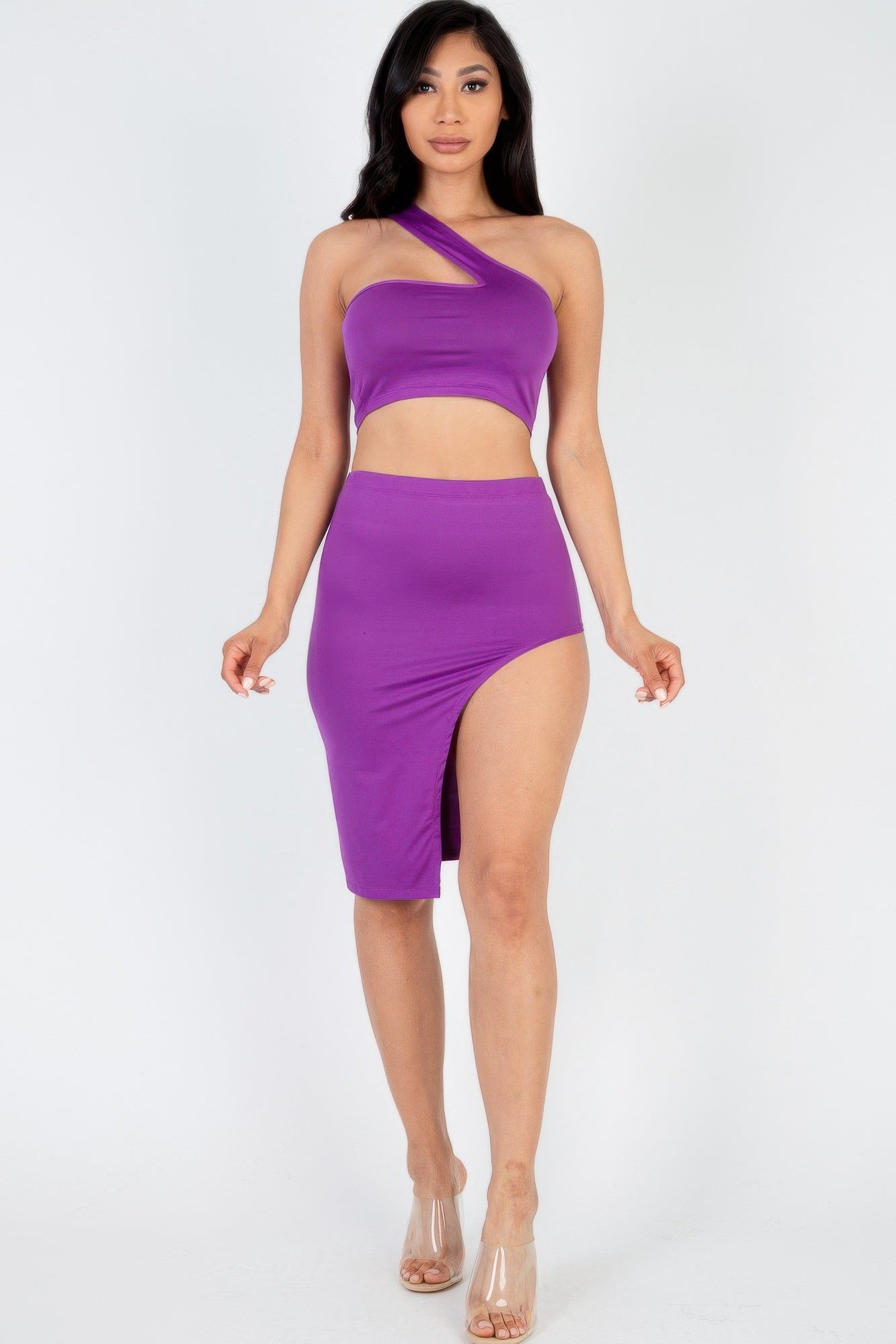 Sexy Solid One Shoulder Crop Top & Split Thigh Midi Skirt Set | Mixtshop LLC
