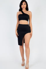 Sexy Solid One Shoulder Crop Top & Split Thigh Midi Skirt Set | Mixtshop LLC