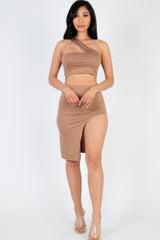 Sexy Solid One Shoulder Crop Top & Split Thigh Midi Skirt Set | Mixtshop LLC