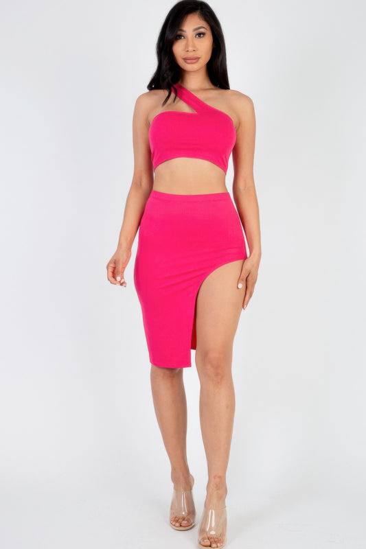 Sexy Solid One Shoulder Crop Top & Split Thigh Midi Skirt Set | Mixtshop LLC