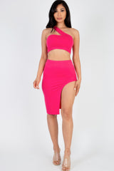 Sexy Solid One Shoulder Crop Top & Split Thigh Midi Skirt Set | Mixtshop LLC