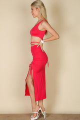 Sexy Solid Color One Shoulder Crop Top & Drawstring Ruched Crisscross Tie Back Side Slit Hem Skirt Set | Mixtshop LLC