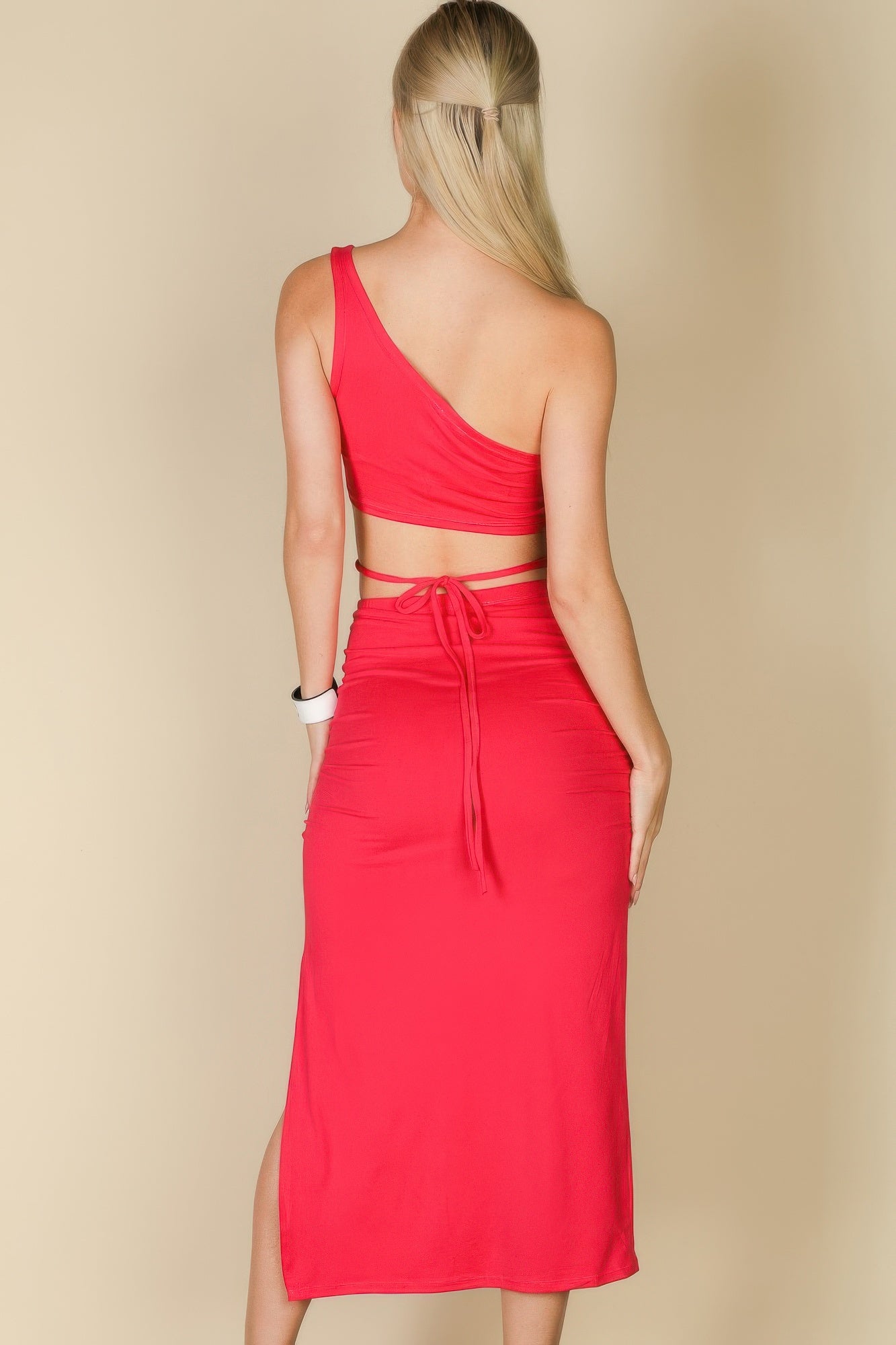 Sexy Solid Color One Shoulder Crop Top & Drawstring Ruched Crisscross Tie Back Side Slit Hem Skirt Set | Mixtshop LLC