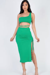 Sexy Solid Color One Shoulder Crop Top & Drawstring Ruched Crisscross Tie Back Side Slit Hem Skirt Set | Mixtshop LLC