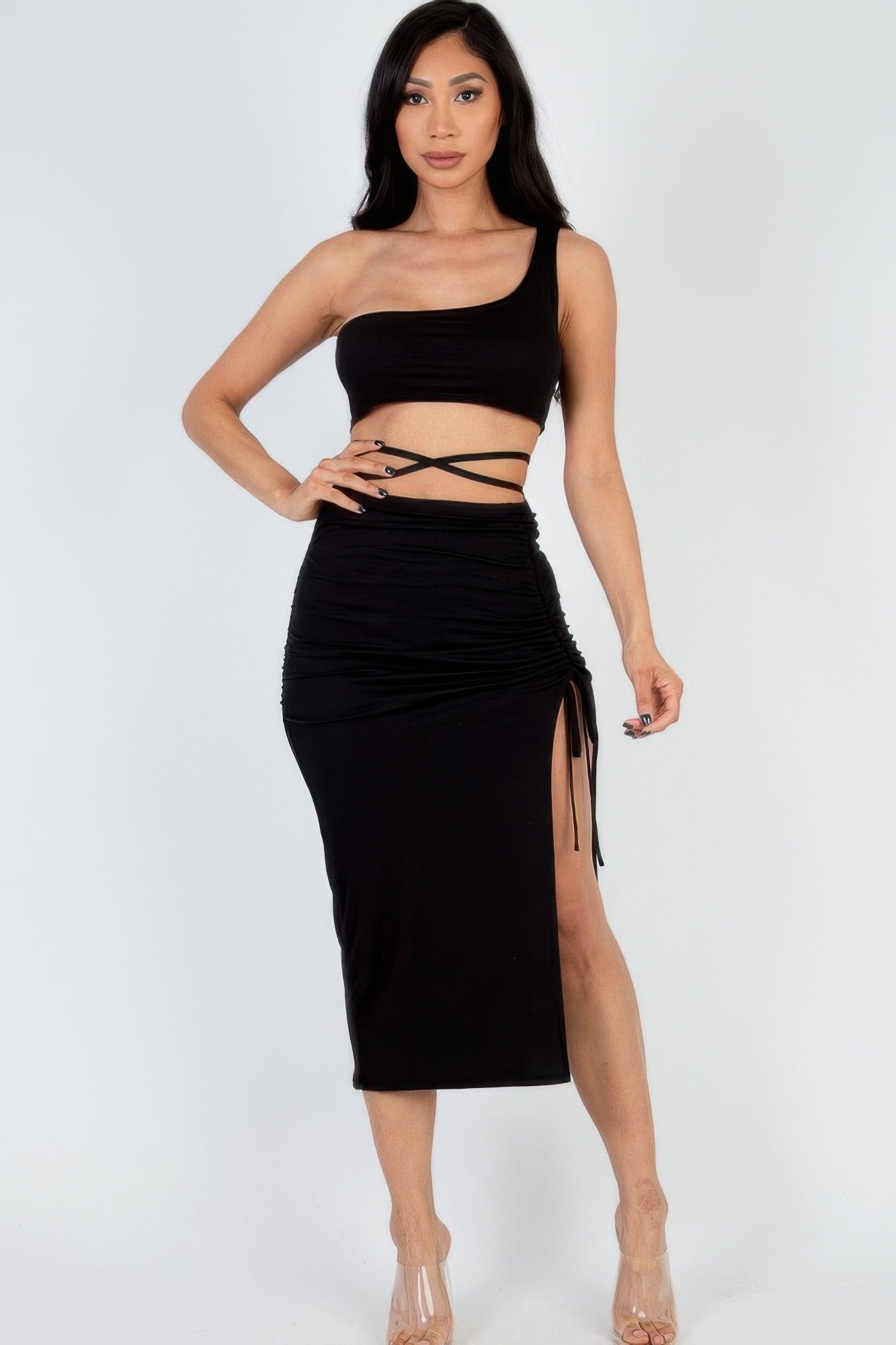 Sexy Solid Color One Shoulder Crop Top & Drawstring Ruched Crisscross Tie Back Side Slit Hem Skirt Set | Mixtshop LLC