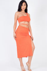 Sexy Solid Color One Shoulder Crop Top & Drawstring Ruched Crisscross Tie Back Side Slit Hem Skirt Set | Mixtshop LLC