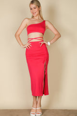 Sexy Solid Color One Shoulder Crop Top & Drawstring Ruched Crisscross Tie Back Side Slit Hem Skirt Set | Mixtshop LLC