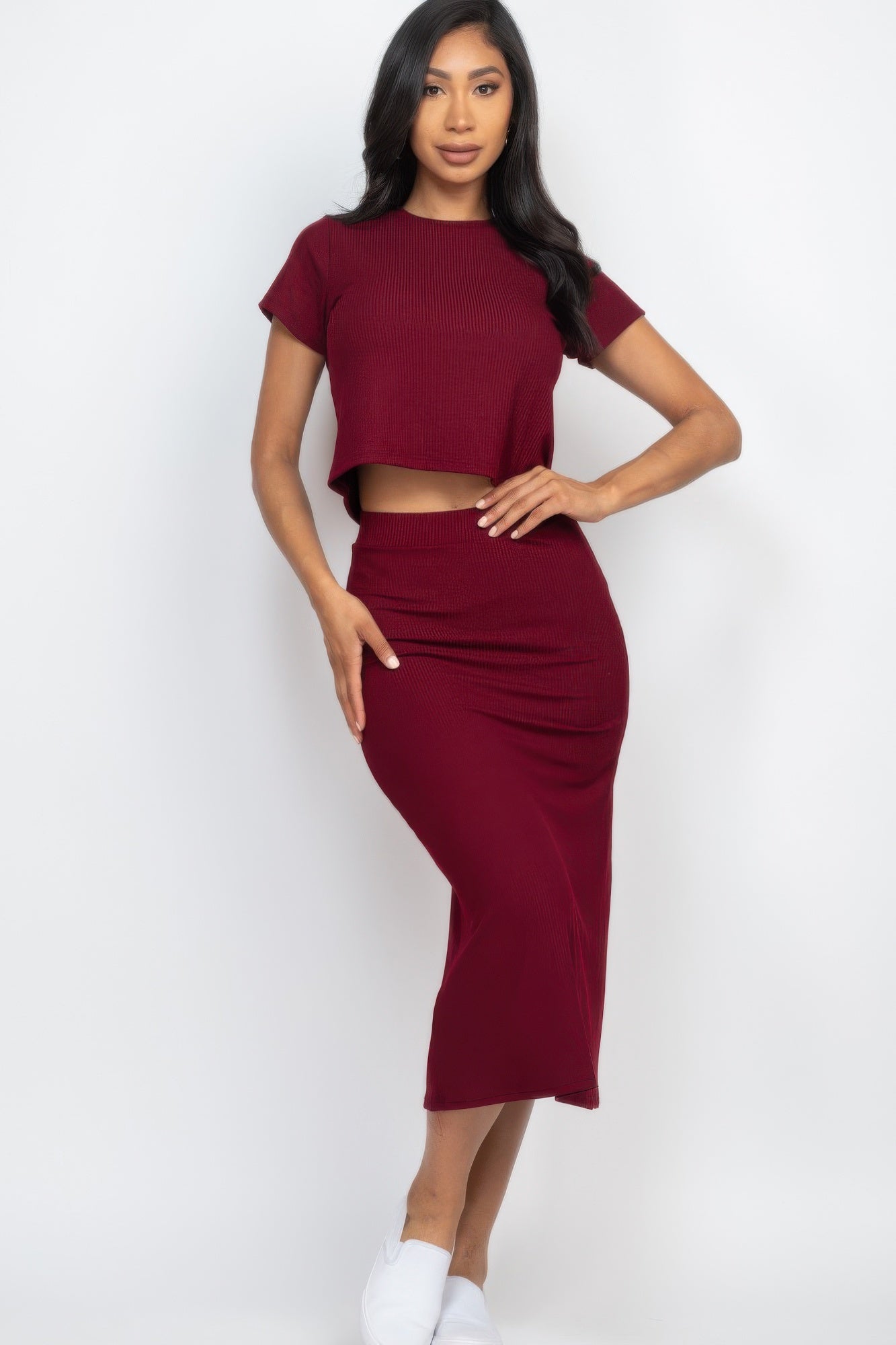 Short Sleeve Ribbed Top & Midi Skirt Se | Mixtshop LLC