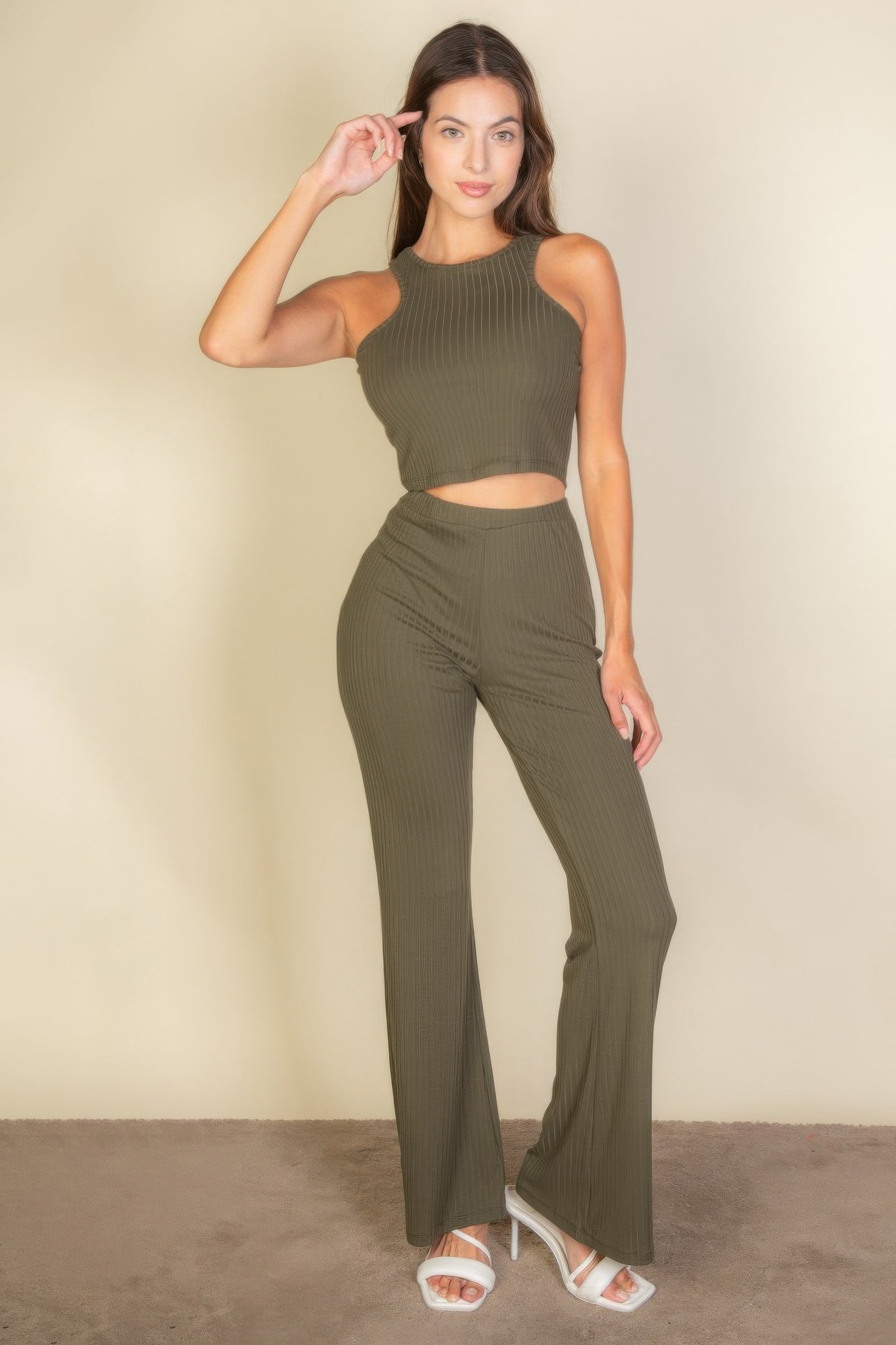 Ribbed Cropped Top And Bootcut Pants Sets | Mixtshop LLC