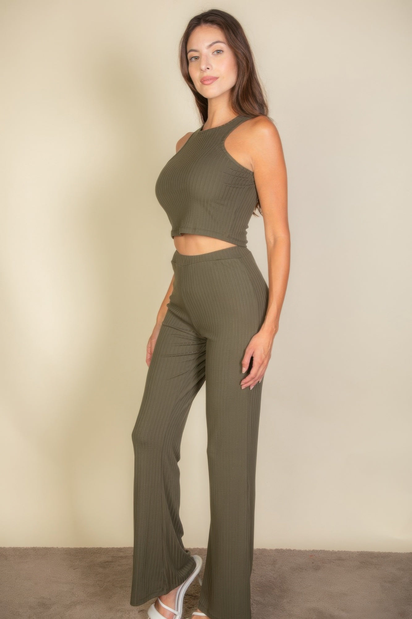 Ribbed Cropped Top And Bootcut Pants Sets | Mixtshop LLC