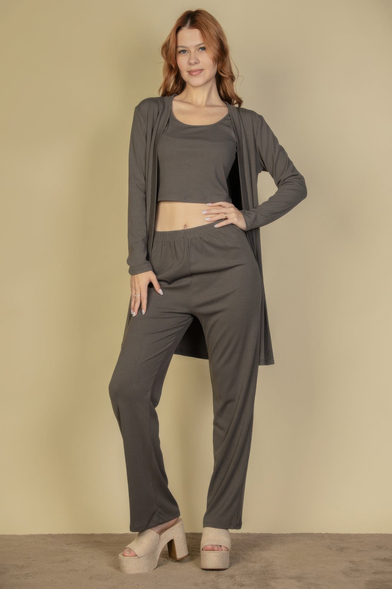 Flat Back Rib 3 Pieces Cami Top With Pants And Long Cardigan Set | Mixtshop LLC