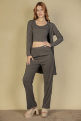 Flat Back Rib 3 Pieces Cami Top With Pants And Long Cardigan Set | Mixtshop LLC
