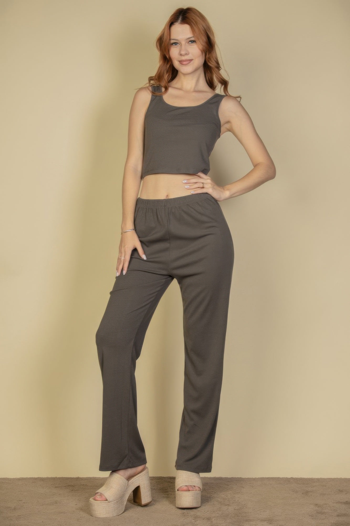 Flat Back Rib 3 Pieces Cami Top With Pants And Long Cardigan Set | Mixtshop LLC