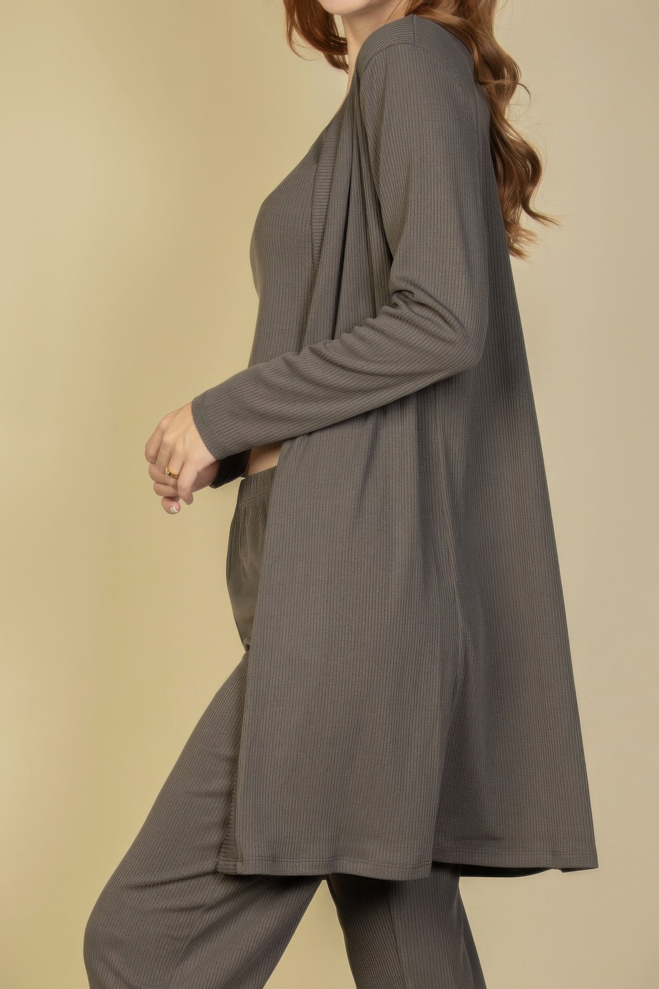 Flat Back Rib 3 Pieces Cami Top With Pants And Long Cardigan Set | Mixtshop LLC