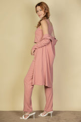 Flat Back Rib 3 Pieces Cami Top With Pants And Long Cardigan Set | Mixtshop LLC