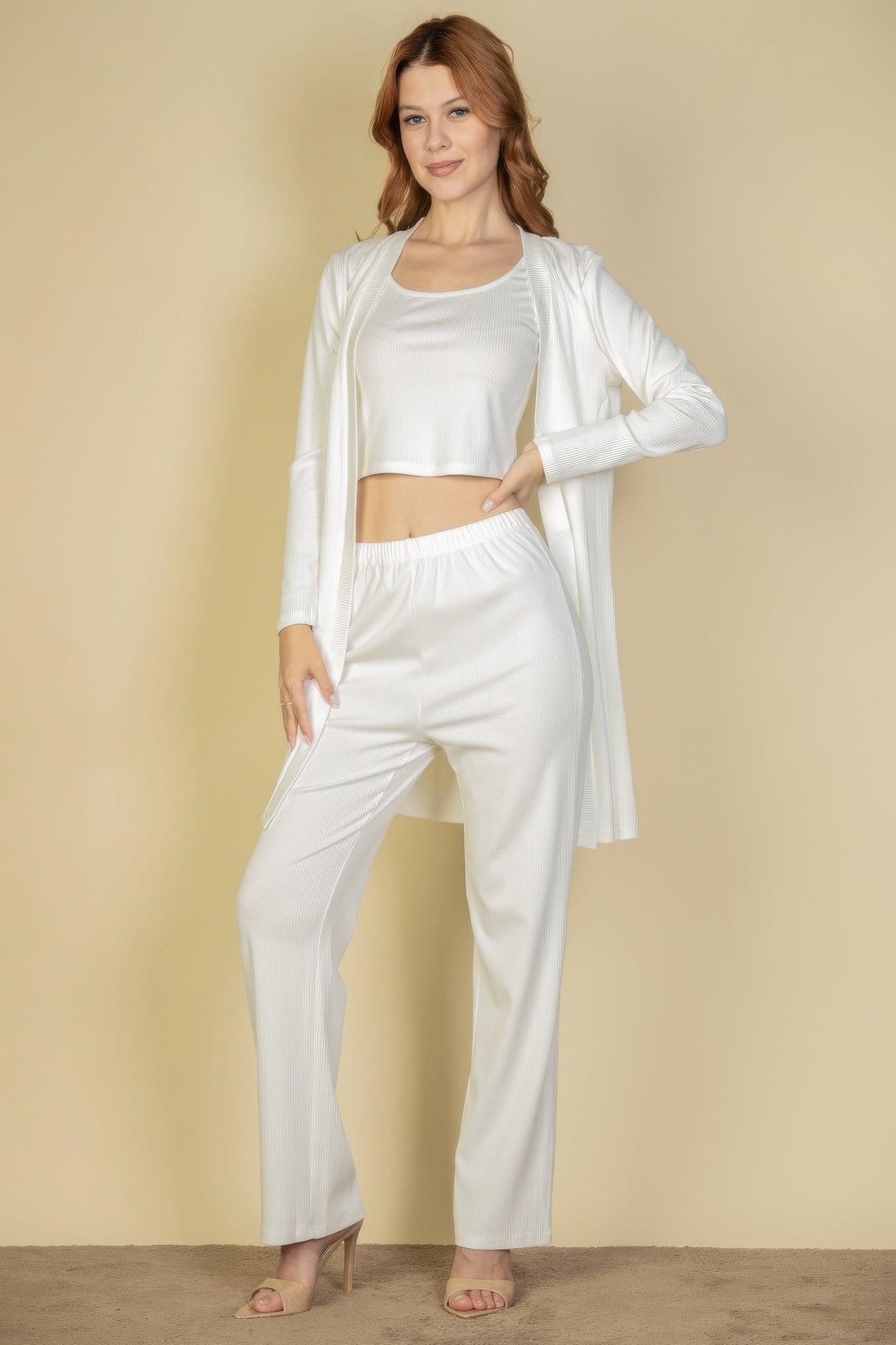 Flat Back Rib 3 Pieces Cami Top With Pants And Long Cardigan Set | Mixtshop LLC