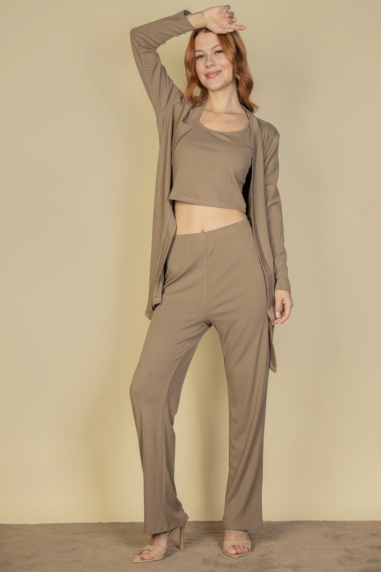 Flat Back Rib 3 Pieces Cami Top With Pants And Long Cardigan Set | Mixtshop LLC