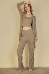 Flat Back Rib 3 Pieces Cami Top With Pants And Long Cardigan Set | Mixtshop LLC