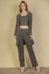 Flat Back Rib 3 Pieces Cami Top With Pants And Long Cardigan Set | Mixtshop LLC