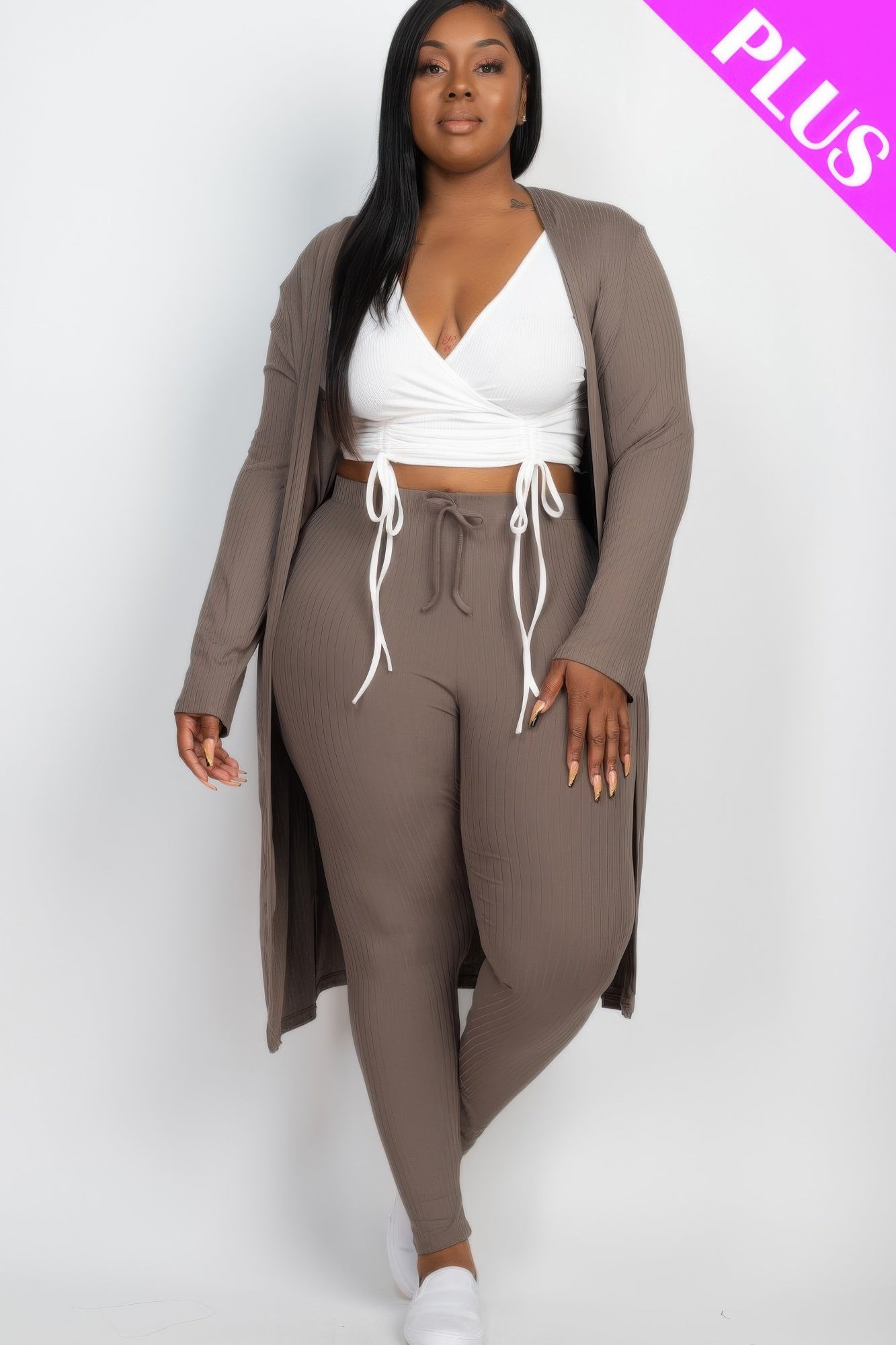 Plus Size Ribbed Long Cardigan & Leggings Set | Mixtshop LLC
