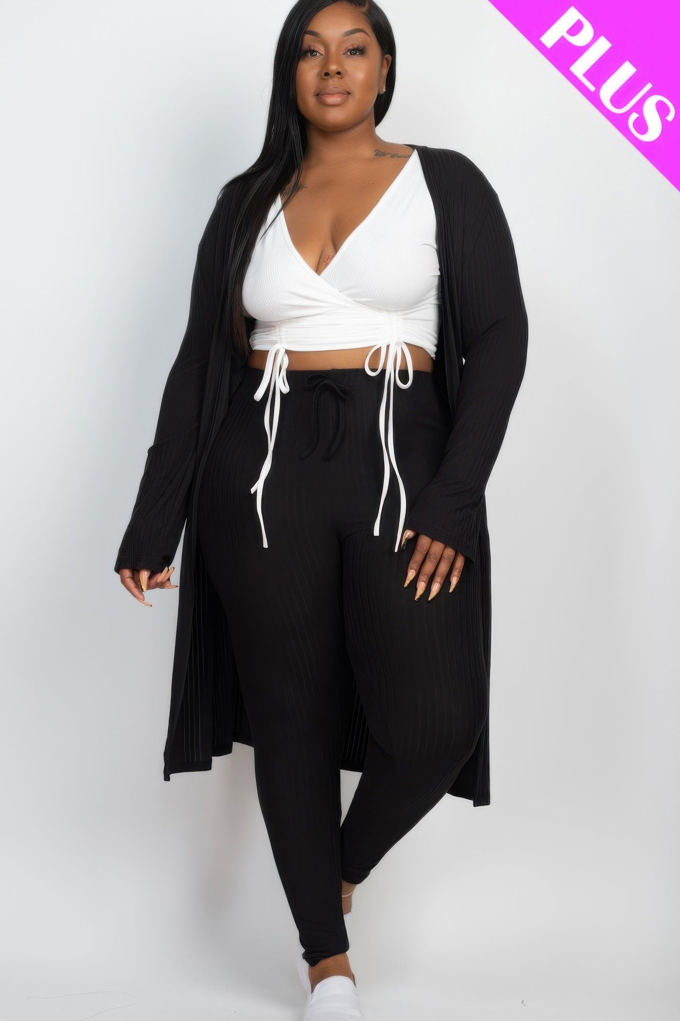 Plus Size Ribbed Long Cardigan & Leggings Set | Mixtshop LLC