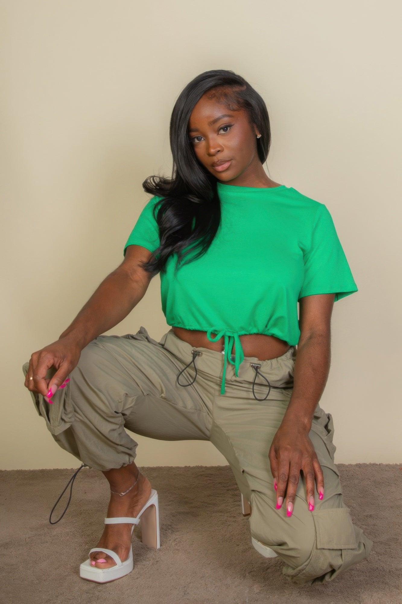 Tie Front Drawstring Short Sleeve Crop Top | Mixtshop LLC