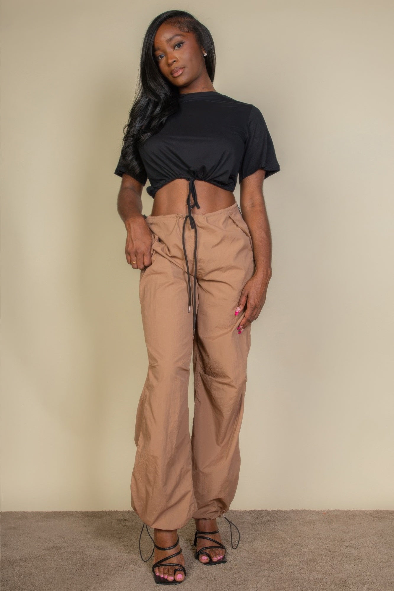 Tie Front Drawstring Short Sleeve Crop Top | Mixtshop LLC