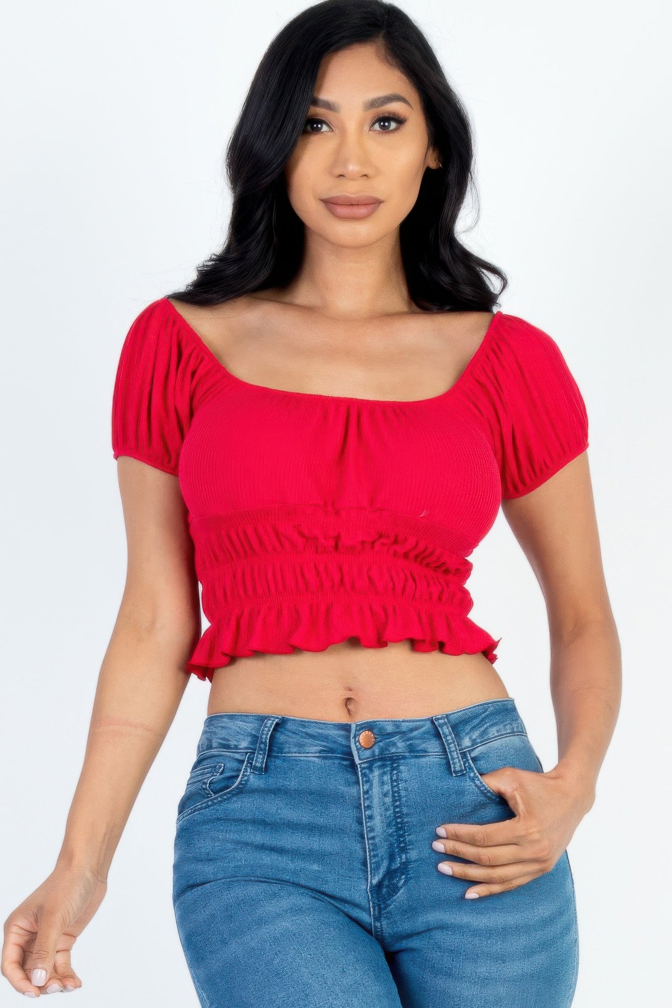 Casual Ruched Puff Sleeve Ribbed Knit Solid Top | Mixtshop LLC