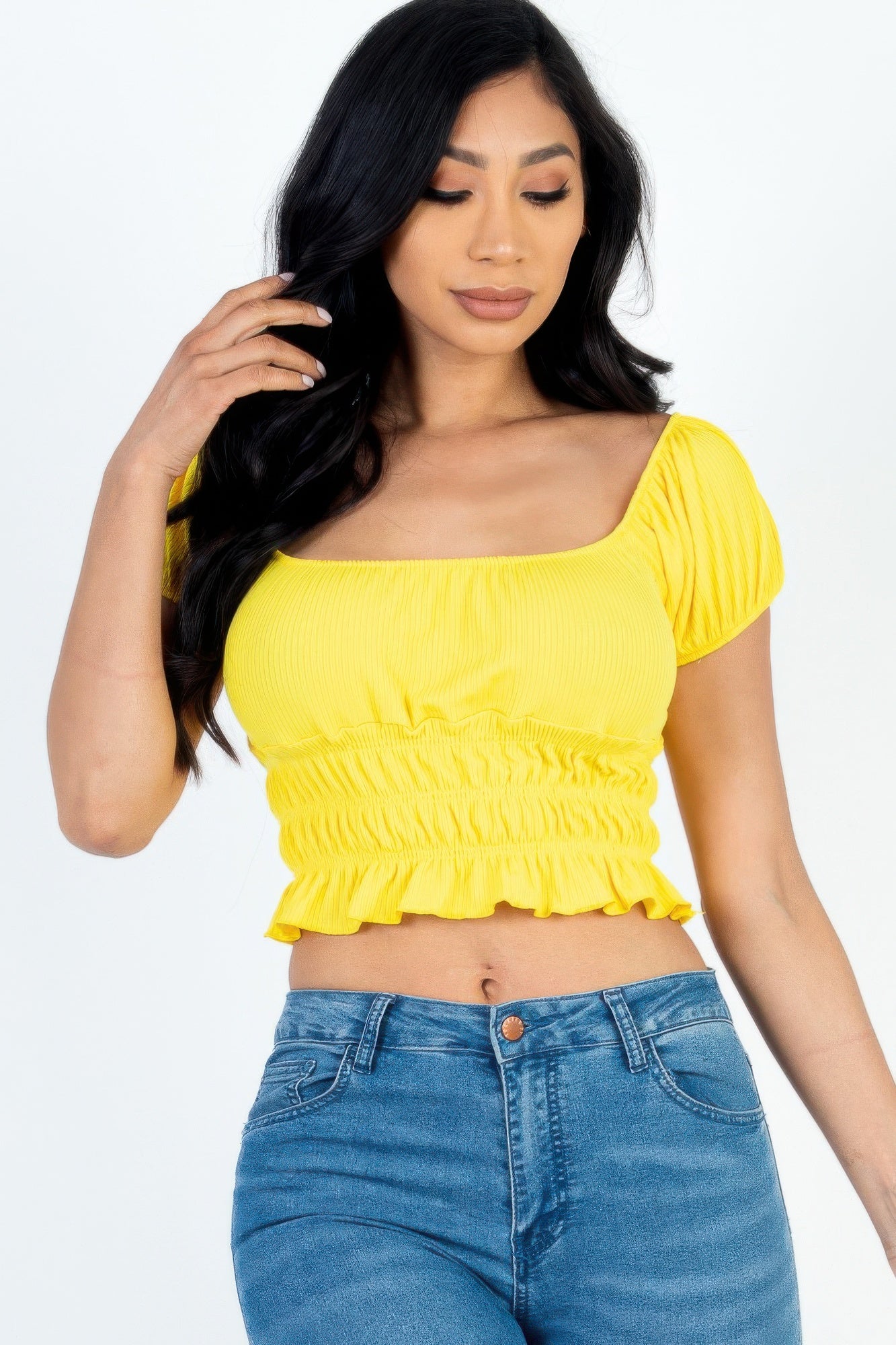 Casual Ruched Puff Sleeve Ribbed Knit Solid Top | Mixtshop LLC